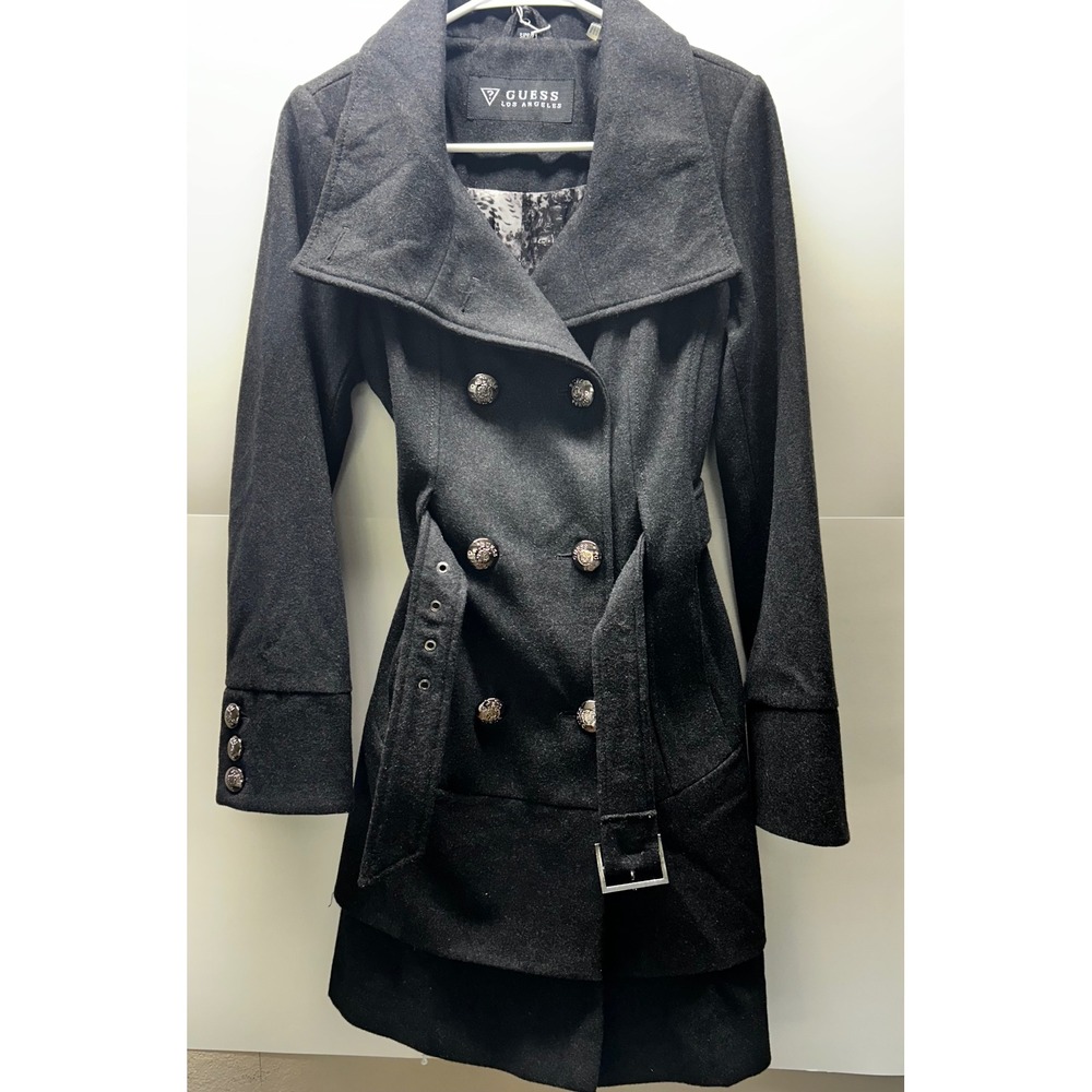 Guess Los Angeles Womens Gray Wool Blend Belted Double Breasted Trench Coat S